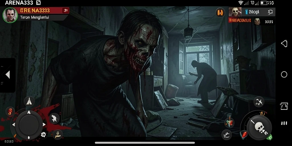 Screenshot gameplay ARENA333 yang menampilkan suasana horor yang mencekam.