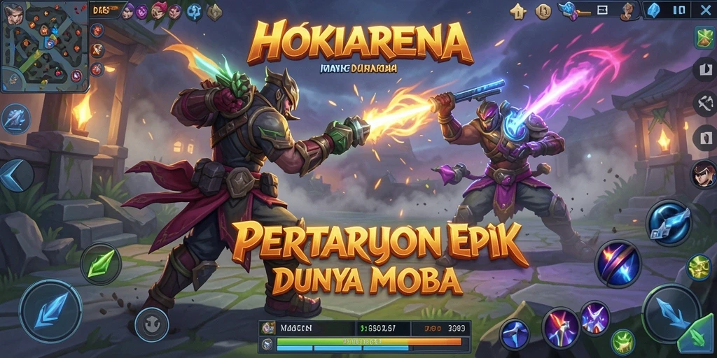 Screenshot gameplay HOKIARENA menampilkan pertarungan antara dua tim.