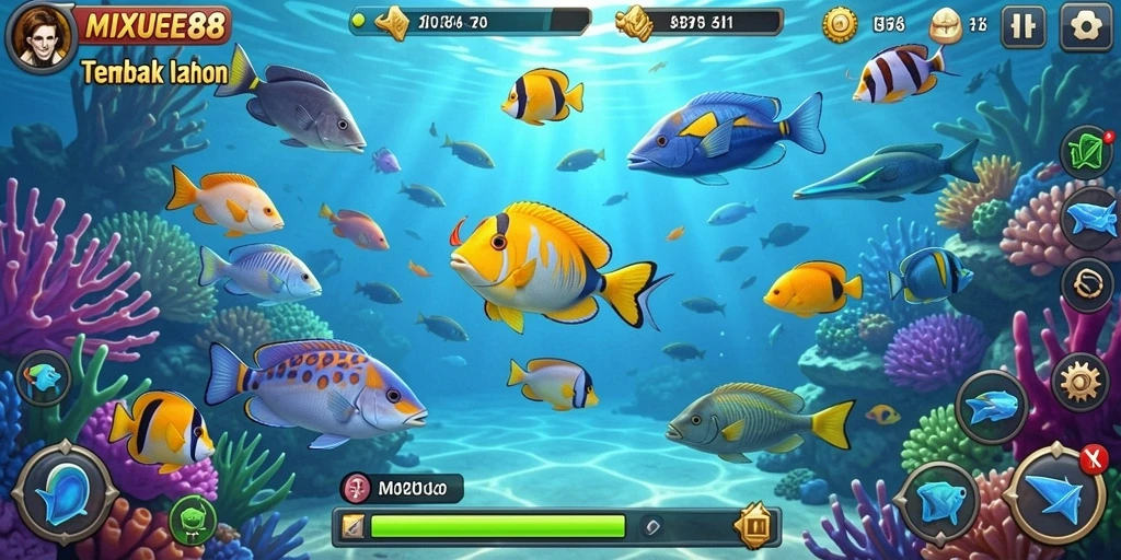 Screenshot gameplay MIXUE88 yang menampilkan aksi tembak ikan yang mendebarkan.