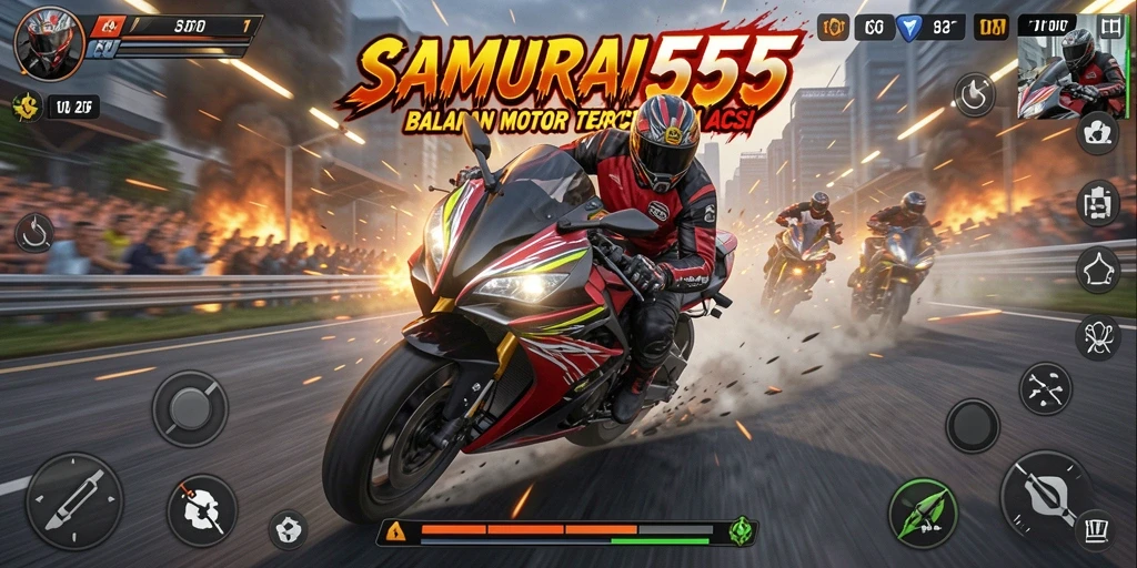 Gameplay SAMURAI555 menampilkan balapan motor yang mendebarkan di lintasan yang menantang.